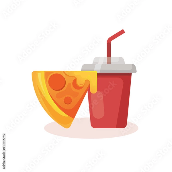 Fototapeta Food illustration. Piece of pizza with drink with straw on white background