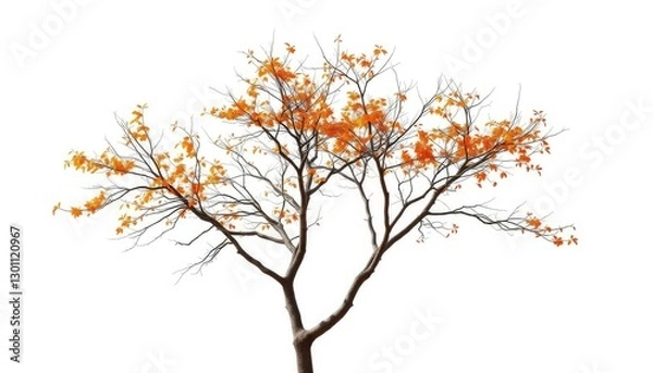 Fototapeta Single deciduous tree, stark branches against pure white, isolated, spring