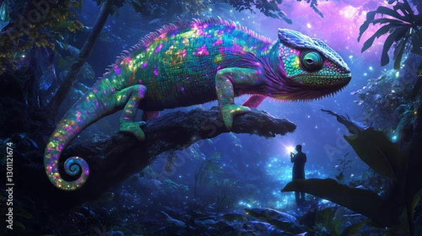 Obraz A giant, glowing chameleon covered in shimmering neon hues perches on a thick branch in an enchanted, bioluminescent forest.  