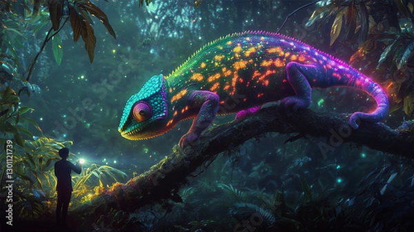 Fototapeta A massive, bioluminescent chameleon with vibrant neon colors rests on a tree branch in a glowing, mystical jungle, as a small figure observes.  