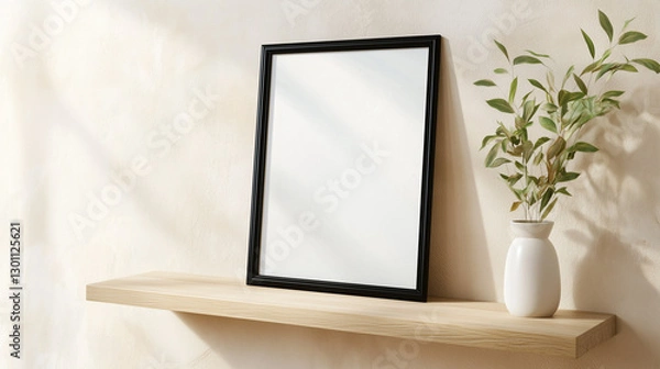 Fototapeta Blank black frame mockup on wooden shelf against beige wall