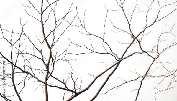 Fototapeta Bare, twisted branches isolated against a pure white backdrop, macro, flora