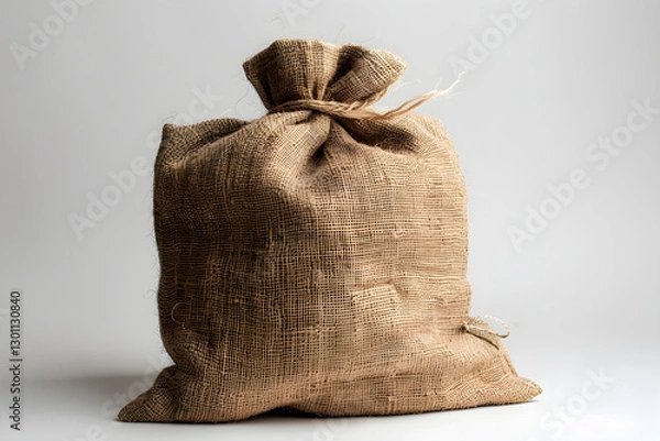 Fototapeta Rustic Burlap Sack Standing Upright on a Plain White Background - Agricultural and Storage Theme