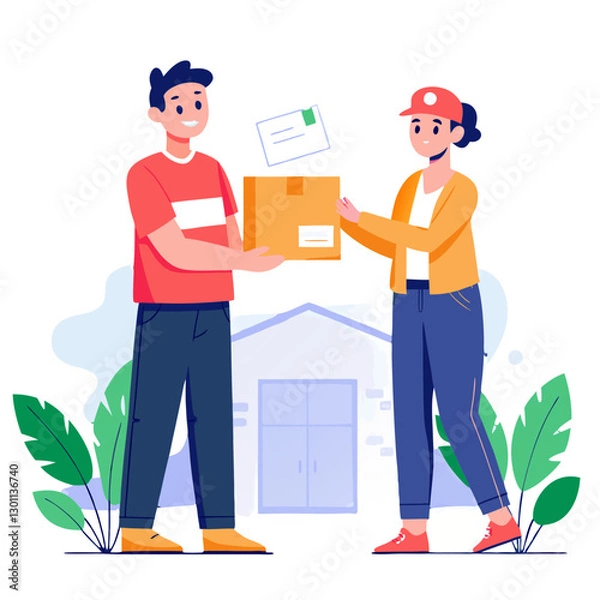 Fototapeta A courier hands over a package to a smiling customer outside their home. The interaction reflects joy as they engage in a seamless delivery process in a welcoming setting