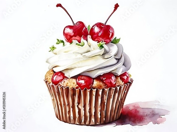 Fototapeta cupcake with cherries and cream watercolor illustration on a white background isolated
