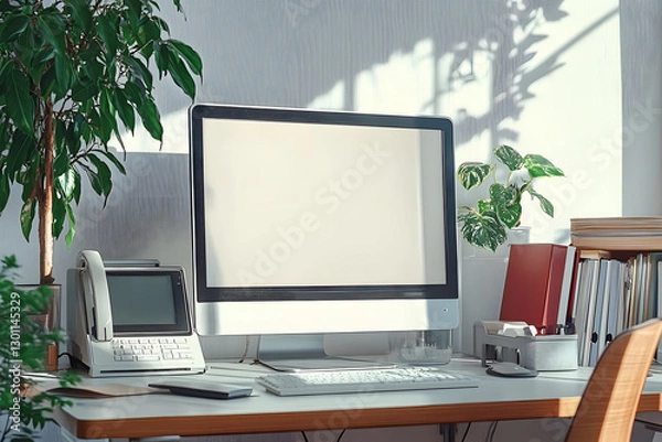 Fototapeta Workplace with blank computer monitor, telephone and plant in light office