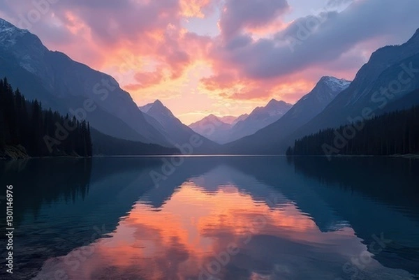 Fototapeta Serene Mountain Lake at Sunset: Reflecting Colorful Clouds