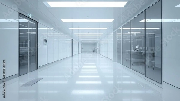 Obraz Modern cleanroom designed for semiconductor fabrication with cutting-edge wafer cleaning systems, ensuring a controlled and sterile environment for high precision work