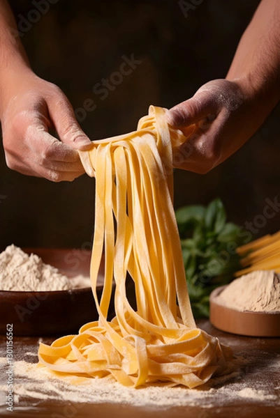 Fototapeta Freshly made pasta being shaped by skilled hands in a rustic kitchen setting, showcasing culinary craftsmanship and tradition
