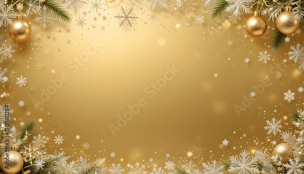 Fototapeta A Shimmering Golden Christmas Celebration Framed By Sparkling Ornaments, Delicate Snowflakes, And Frosted Pine, Creating A Warm And Festive Mood