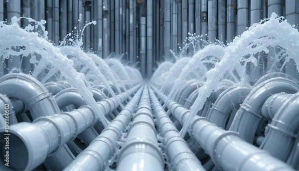 Fototapeta A Powerful Surge Of Water Erupts From A Network Of Interconnected Pipes, A Dynamic Display Of Controlled Energy And Precision Engineering In Cool, Metallic Tones