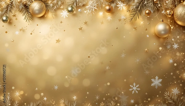 Fototapeta A Shimmering Golden Christmas Celebration With Elegant Ornaments, Sparkling Snowflakes, And Soft Festive Lights Creating A Warm, Magical Atmosphere