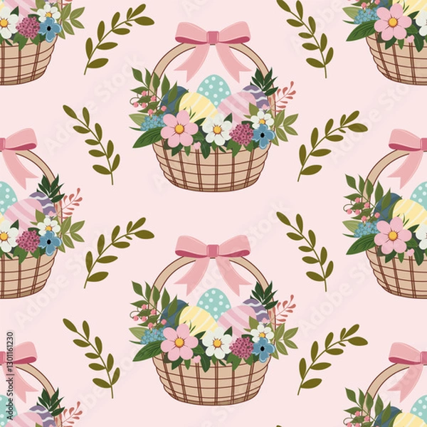 Fototapeta A simple Easter pattern in a flat style with basket, eggs and flowers arranged in a repeating design. Background for textiles, fabrics, cotton fabric, covers, wallpaper, print, gift wrapping, cards.