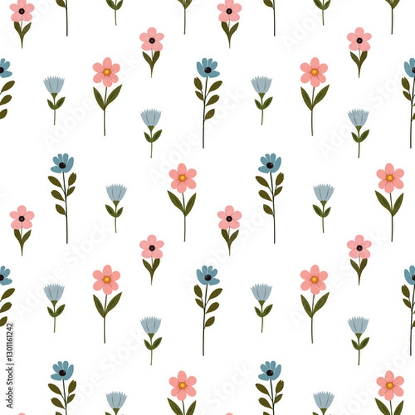 Fototapeta Simple floral pattern features evenly spaced, delicate flowers in soft pastel colors on a light, neutral background. For textiles, cotton fabric, covers, wallpaper, print, postcard, scrapbooking.