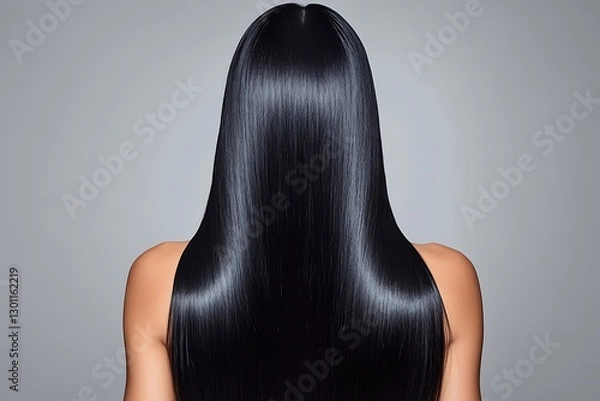 Obraz Ultra-realistic back view portrait of an Asian woman with incredibly long, glossy black hair.