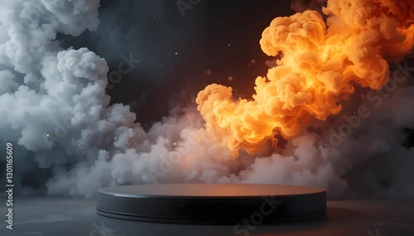 Fototapeta A Dramatic Clash Of Fiery Orange And Ethereal Grey Smoke Swirls Around A Dark Circular Platform, Creating A Mystical And Powerful Scene With Subtle Lighting Effects