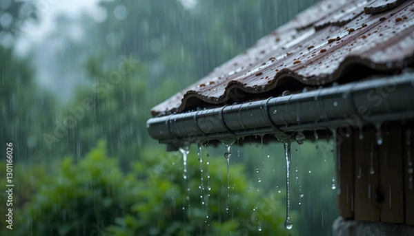 Fototapeta Tranquil Rain Cascading From A Weathered Roof, A Soothing Symphony Of Natures Rhythm In A Lush Green Landscape