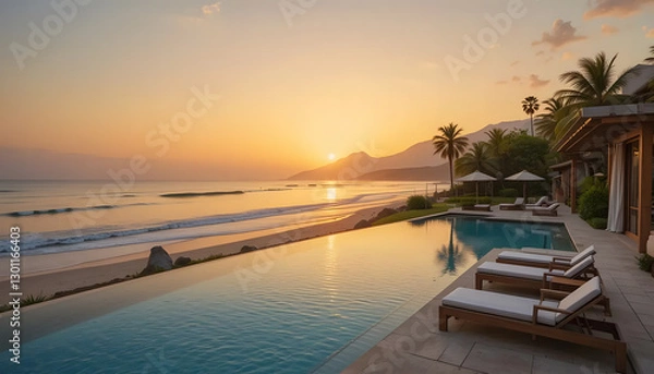 Fototapeta Tranquil Sunset Beachfront Paradise With An Infinity Pool, Inviting Lounge Chairs, And A Luxurious Villa Showcasing Breathtaking Ocean Views