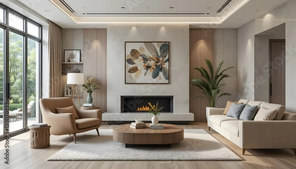Fototapeta A Serene Living Room Bathed In Soft, Natural Light, Featuring A Neutral Color Palette, Plush Seating, And A Large Abstract Floral Artwork Above A Modern Fireplace, Creating A Tranquil And Elegant Atmo