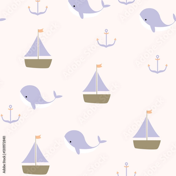 Fototapeta A seamless nautical pattern featuring adorable whales, sailboats, and anchors in soft pastel colors, perfect for kids designs, wallpapers, and fabrics. 