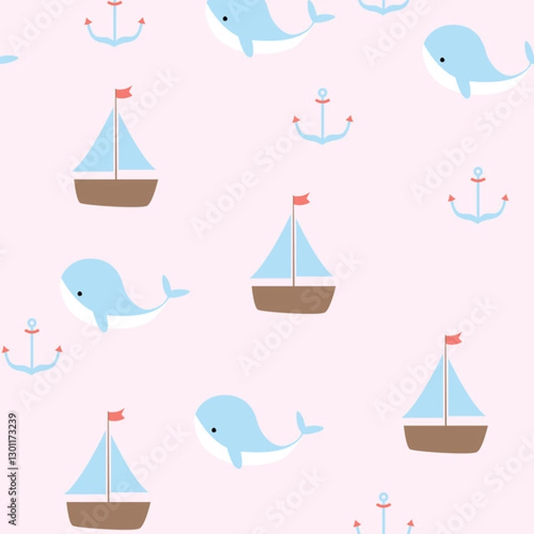 Fototapeta A seamless nautical pattern with cute blue whales, sailboats, and anchors on a pastel pink background, ideal for baby-themed designs and textiles. 