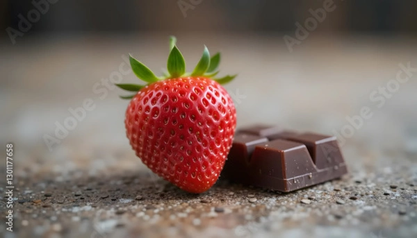 Fototapeta A Luscious Ripe Strawberry And A Dark Chocolate Square Resting On A Rustic Surface Bathed In Soft Natural Light