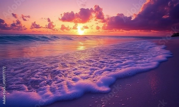 Fototapeta a beautiful sunset over a beach, with waves rolling in.