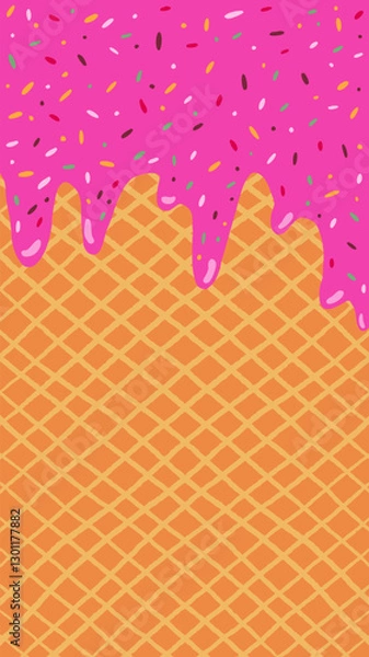Fototapeta Vector illustration of melting ice cream on waffle cone background with colorful sugar and chocolate sprinkles, summer flyer, brochure or menu