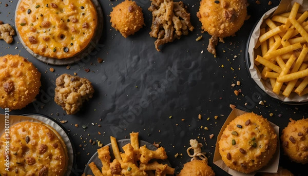 Fototapeta A Delectable Spread Of Golden-brown Pastries, Crispy Fries, And Savory Bites Artfully Arranged On A Dark Surface, Creating A Mouthwatering Feast For The Eyes