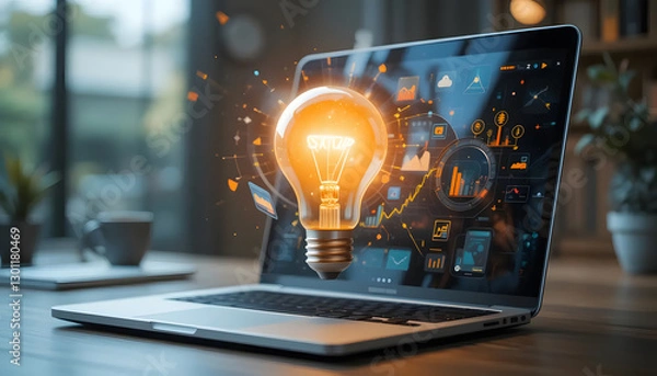 Fototapeta A Brilliant Idea Bursts From A Laptop Screen, Illuminating A Path To Innovation And Success With A Warm Glow And Data Visualizations
