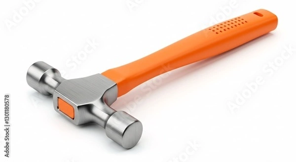 Fototapeta A sturdy hammer with an orange handle and a steel head lies on a neutral surface, essential for construction, carpentry, repairs, and DIY projects.