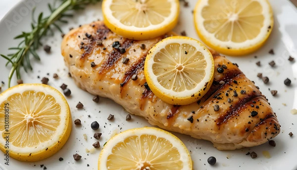 Fototapeta A Succulent Grilled Chicken Breast, Glistening With Lemon Juice And Pepper, Rests On A Plate Surrounded By Fresh Lemon Slices And Sprigs Of Rosemary, Creating A Vibrant And Appetizing Culinary Scene