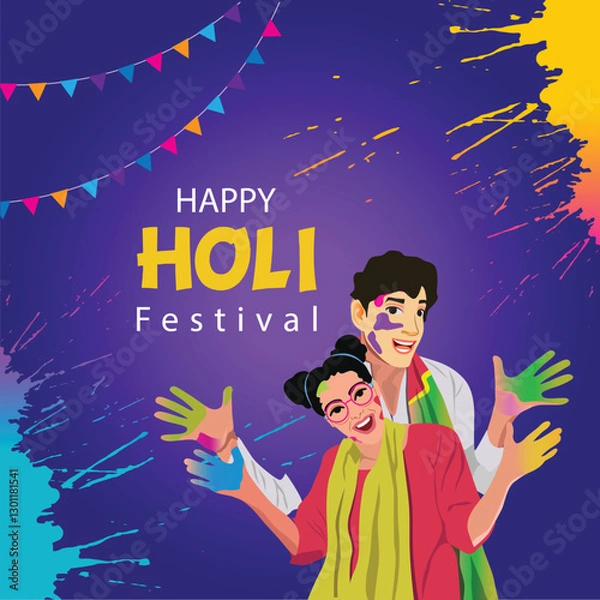 Fototapeta Happy Holi festival of India background. group of people celebrating Holi. abstract vector illustration banner design