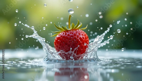 Fototapeta A Vibrant Red Strawberry Splashing Into Crystal-clear Water, A Burst Of Juicy Freshness Against A Soft Green Background