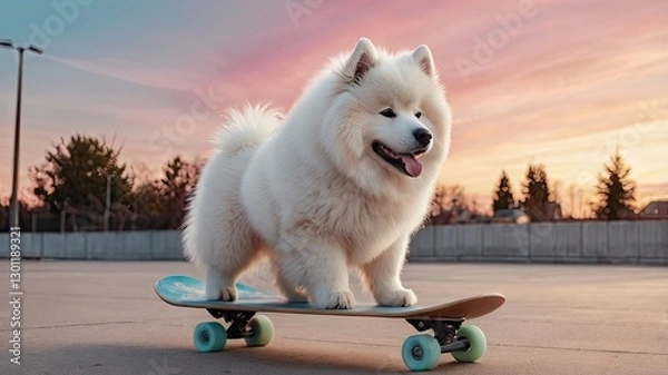 Fototapeta Skateboarding Dogs. A Bright and Dynamic Background Featuring Dogs of Various Breeds Performing Tricks on Skateboards – Energy, Style, and Fun in One Shot!