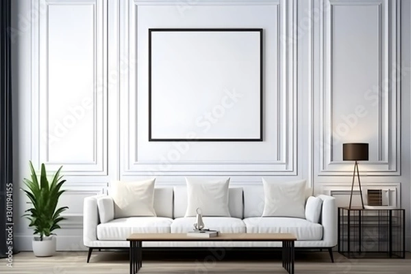 Fototapeta Modern living room with white sofa and blank poster frame mock up Scandinavia style. Mock up frames on the wall in a modern luxury minimalist living room with a white sofa