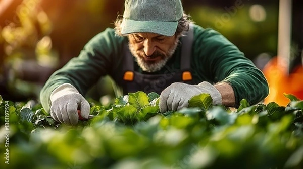 Fototapeta Man in a green hat and apron is working in a garden. He is wearing gloves and has a pair of scissors in his hand