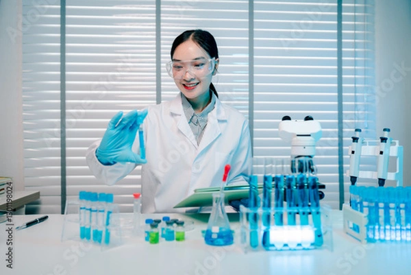 Obraz Woman in a lab coat is holding a blue object and smiling