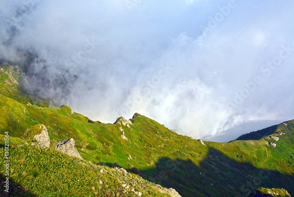 Obraz mountain evening landscape with green grass and gray clouds