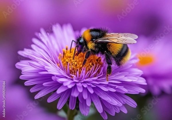 Fototapeta Close-Up of a Bumblebee Pollinating a Vibrant Purple Flower Surrounded by Soft Floral Backgrounds in a Natural Garden Setting