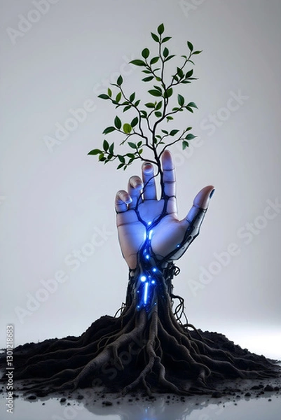 Obraz AI Robotic Hand Holding a Growing Tree – Green Technology and Sustainable AI