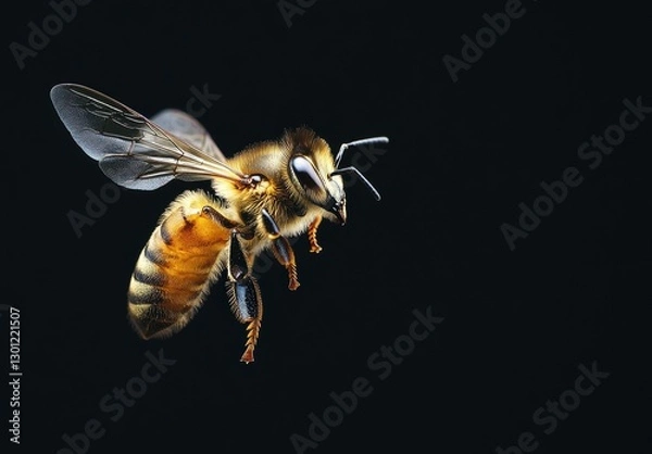 Obraz Close-up of a buzzing bee in mid-flight isolated on a black background showcasing intricate details of wings, body, and antennae highlighting nature's wonders