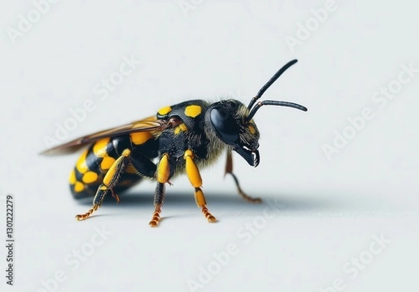 Fototapeta Close-Up of a Colorful Bee with Distinct Yellow and Black Patterns on a Light Background Displaying Intricate Details of Insect Anatomy