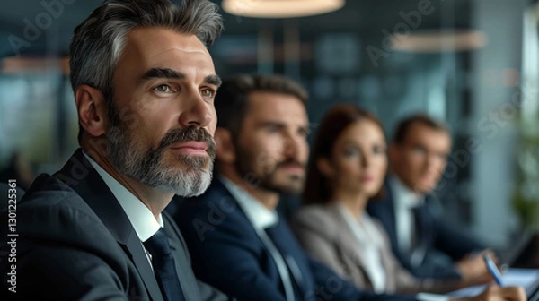 Fototapeta A realistic portrait of serious business professionals in a corporate office setting. They are dressed in formal suits and engaged in a high-level meeting, with focused expressions that reflect their 