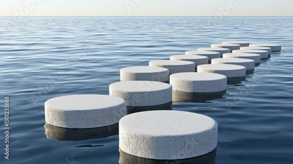 Fototapeta Floating circular platforms create a pathway across a serene water surface.