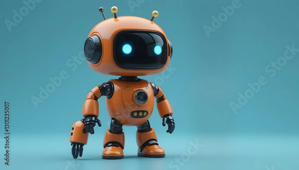 Fototapeta A Cute Orange Robot Taking Its First Steps Into A Bright Future Against A Serene Blue Backdrop