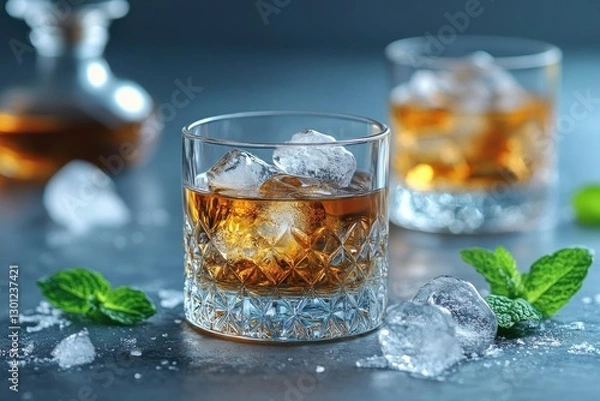 Obraz Whiskey on the rocks refreshing drink ice cubes mint