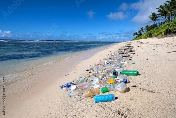 Fototapeta A beach covered in plastic waste, illustrating the impact of pollution on coastal climates