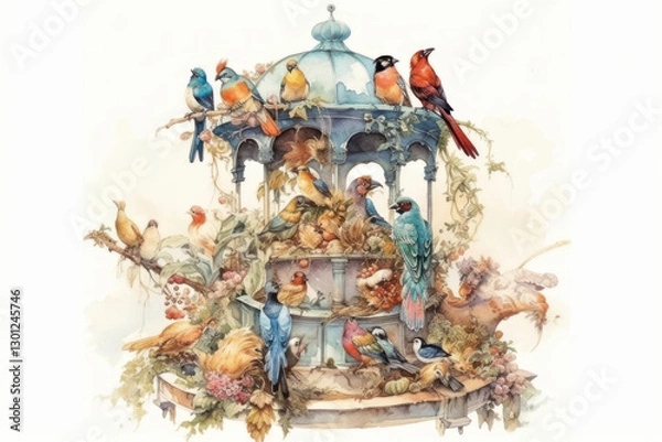 Fototapeta a watercolor illustration depicting a multitude of colorful birds sitting on an old openwork gazebo decorated with grape vines and flowers.  