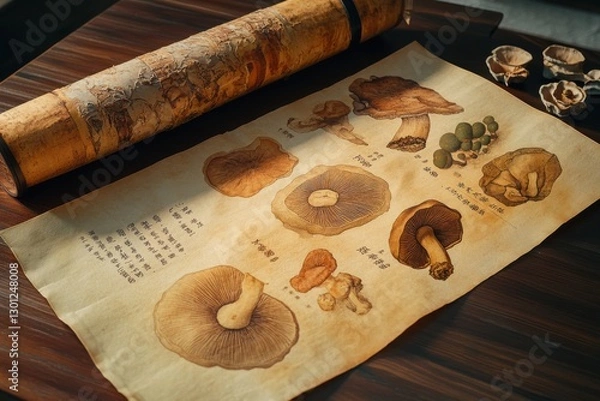Fototapeta Ancient Chinese Scroll Illustrating Medicinal Mushrooms Including Reishi and Cordyceps, Highlighting Historical Herbal Practices and Their Uses